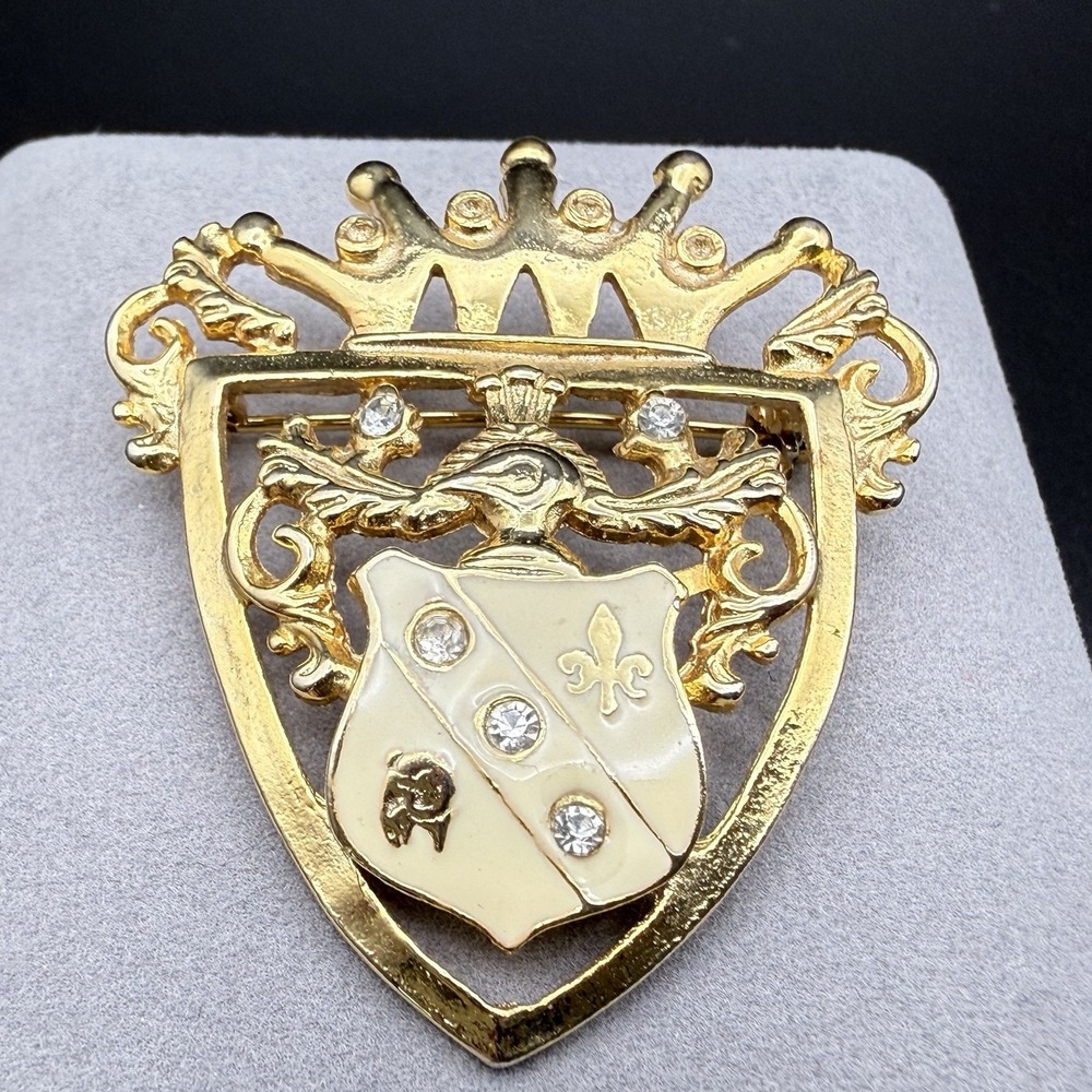 Vintage Heraldic Coat Arms Brooch Crown Fleur de Lis Gold Tone Enamel Rhinestone